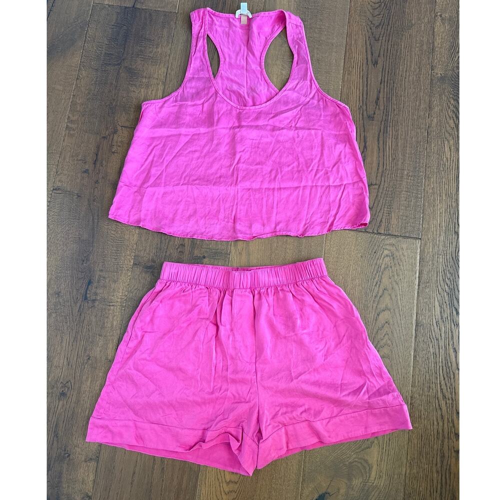 Lunya Good in Bed Silk Racerback Crop Top & Short Pajama Set Pink Women's Small